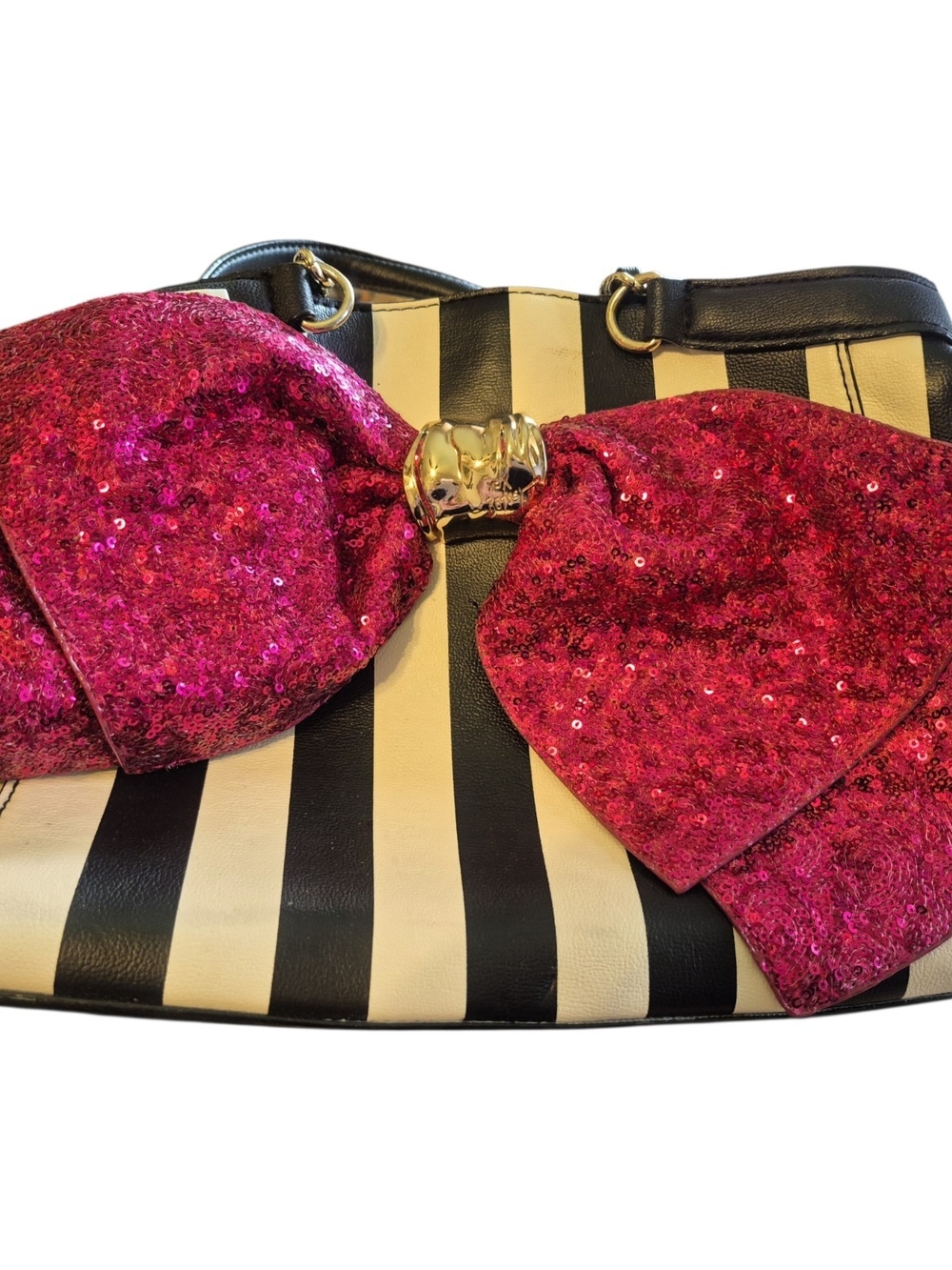 Betsey Johnson Striped Black & Cream Tote with Pink Sequin Bow Accent
